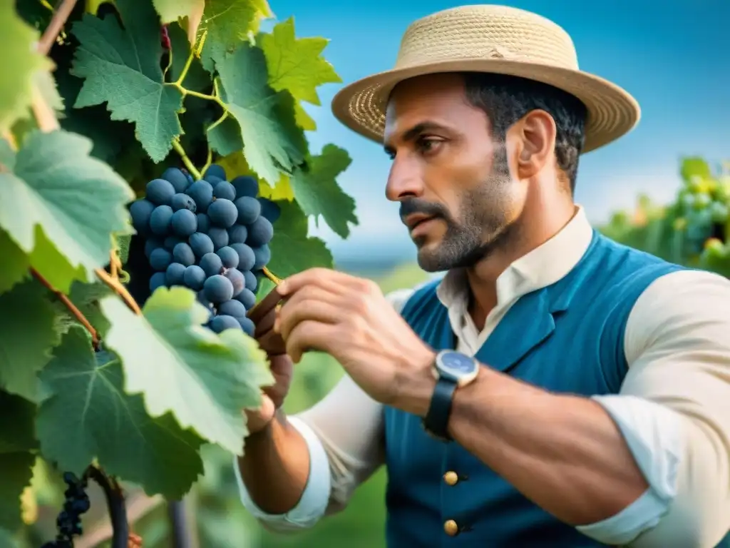 Un viticultor francés inspeccionando las vides en un viñedo, destacando la producción de vinos biodinámicos y la gastronomía francesa