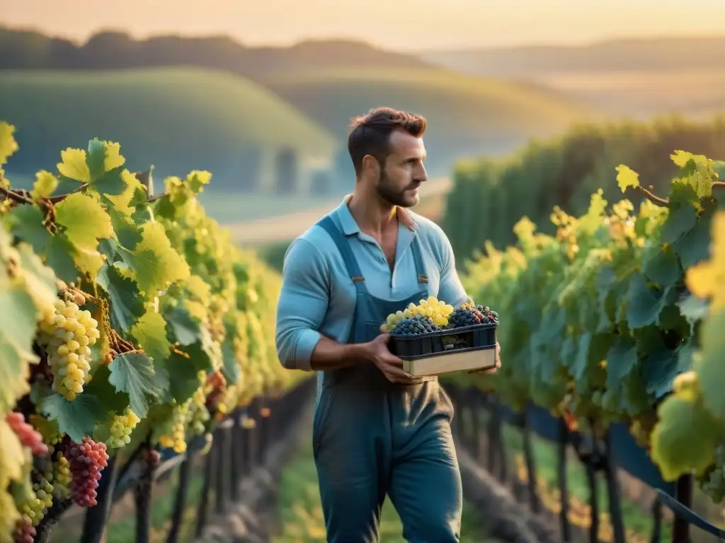 Un viticultor francés en un viñedo tradicional de Burdeos, recolectando uvas al atardecer, mostrando la fusión entre tradición y modernidad en la producción de vinos naturales franceses, innovación culinaria