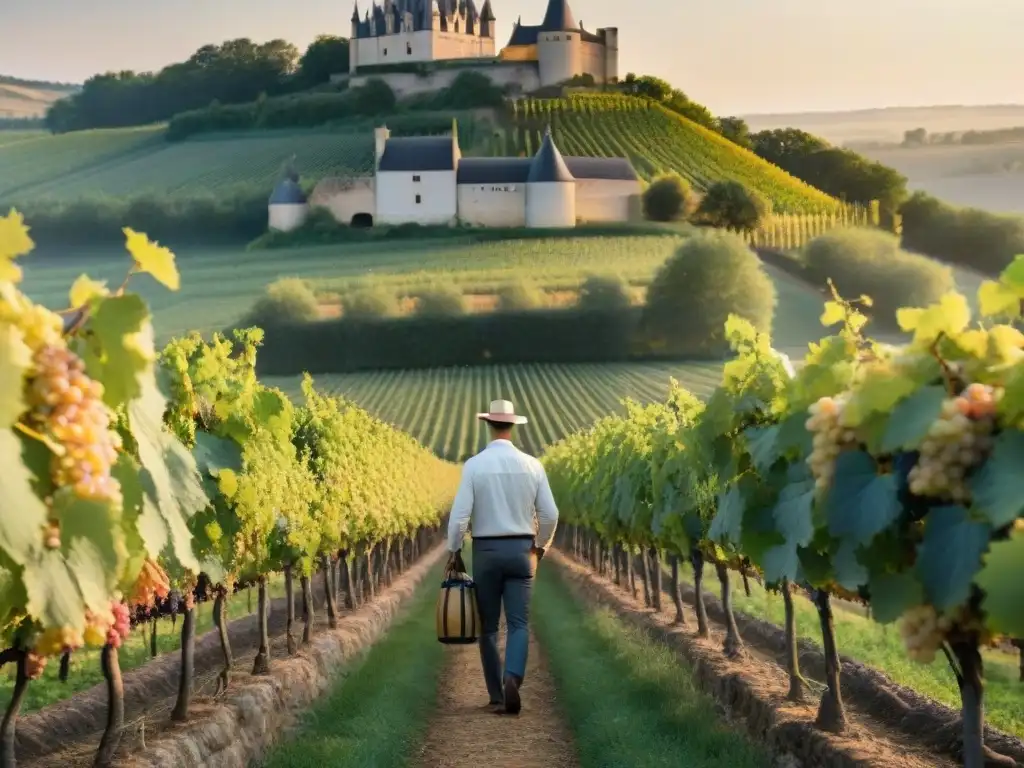 Un viticultor inspecciona racimos de uvas, con viñedos de Chardonnay y el Château de Meursault al fondo