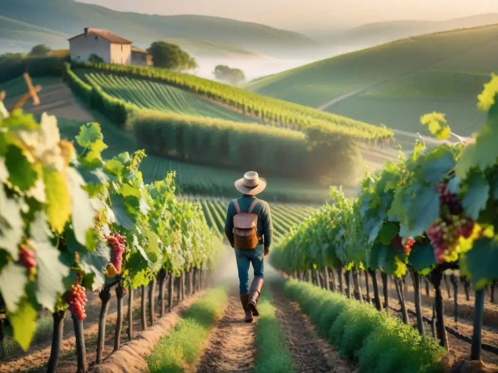 Un viticultor francés tradicional selecciona uvas entre viñedos al amanecer