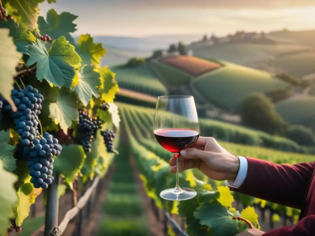 Un viticultor francés tradicional vierte vino tinto en una copa de cristal en un viñedo al atardecer