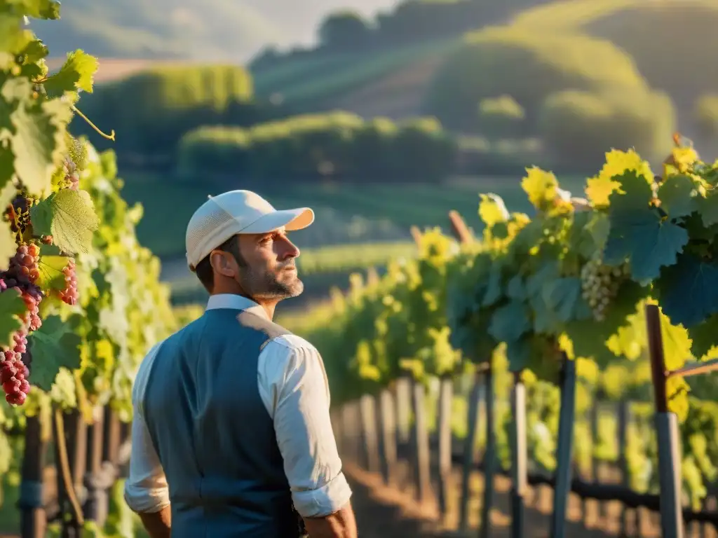 Un viticultor francés examina uvas al atardecer en un viñedo, evocando la historia de vinos franceses innovadores