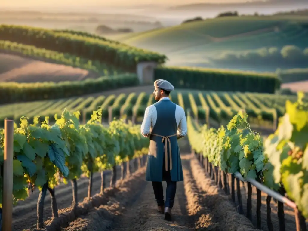 Un viticultor francés inspecciona uvas al atardecer en un viñedo, evocando la esencia de la gastronomía francesa y sus vinos