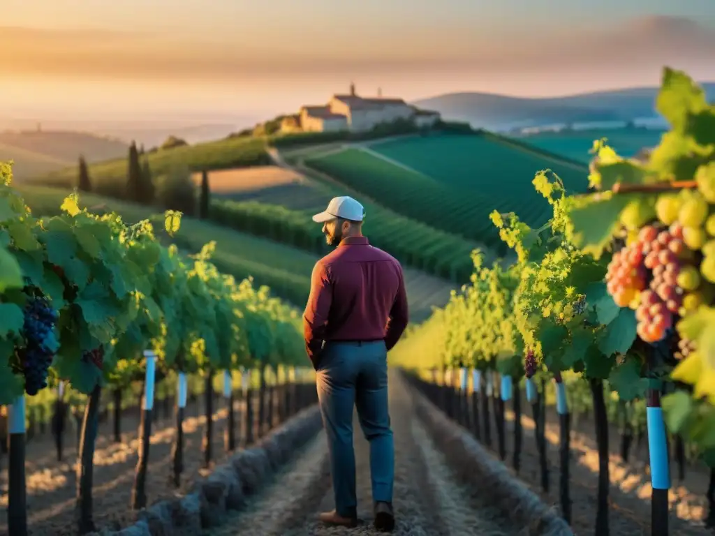 Un viticultor en Languedoc-Rosellón inspecciona uvas al atardecer