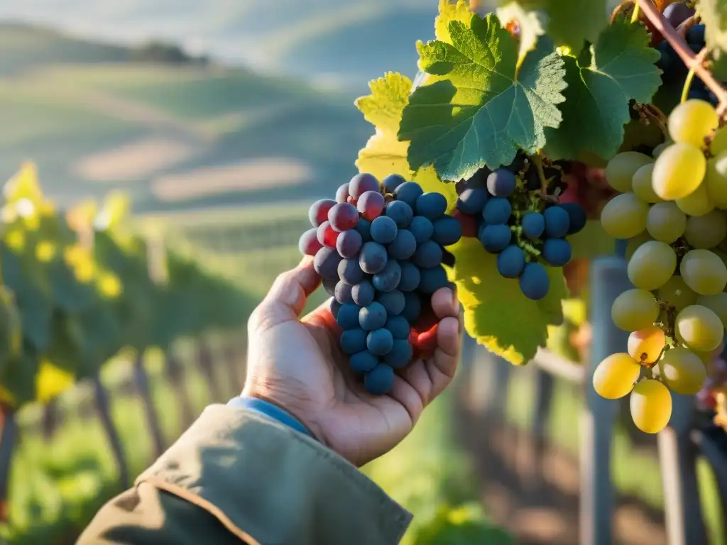 Un viticultor francés inspecciona uvas biodinámicas bajo el sol