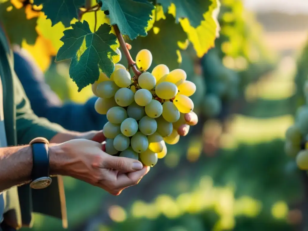 Un viticultor francés inspecciona uvas blancas orgánicas con dedicación en un viñedo soleado, creando vinos blancos orgánicos franceses