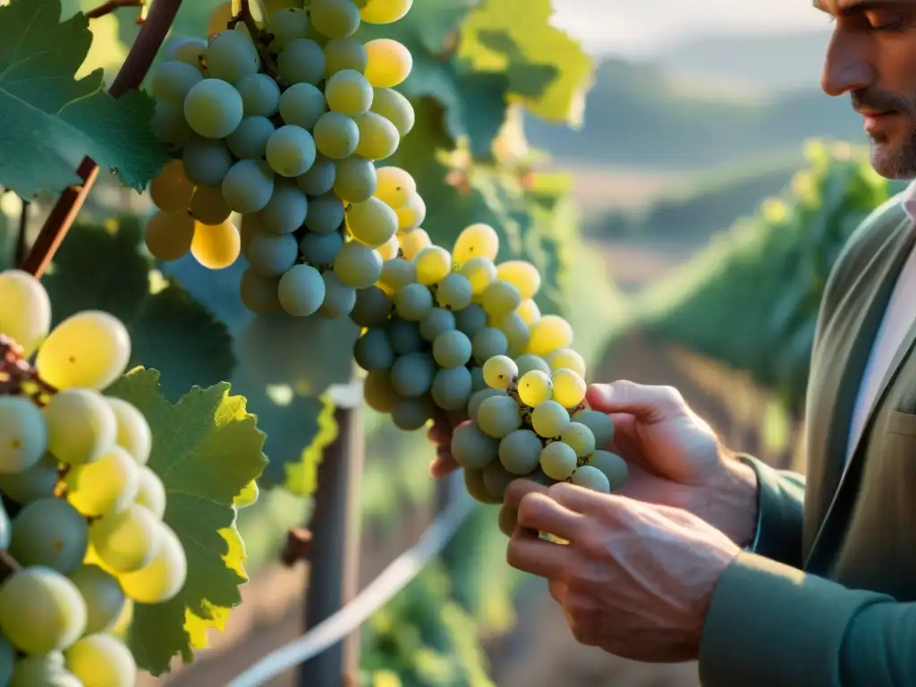 Un viticultor francés inspecciona uvas Chardonnay orgánicas al amanecer