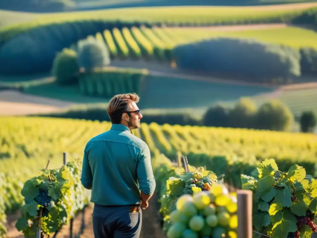 Un viticultor inspecciona uvas Chardonnay en viñedos de Champagne