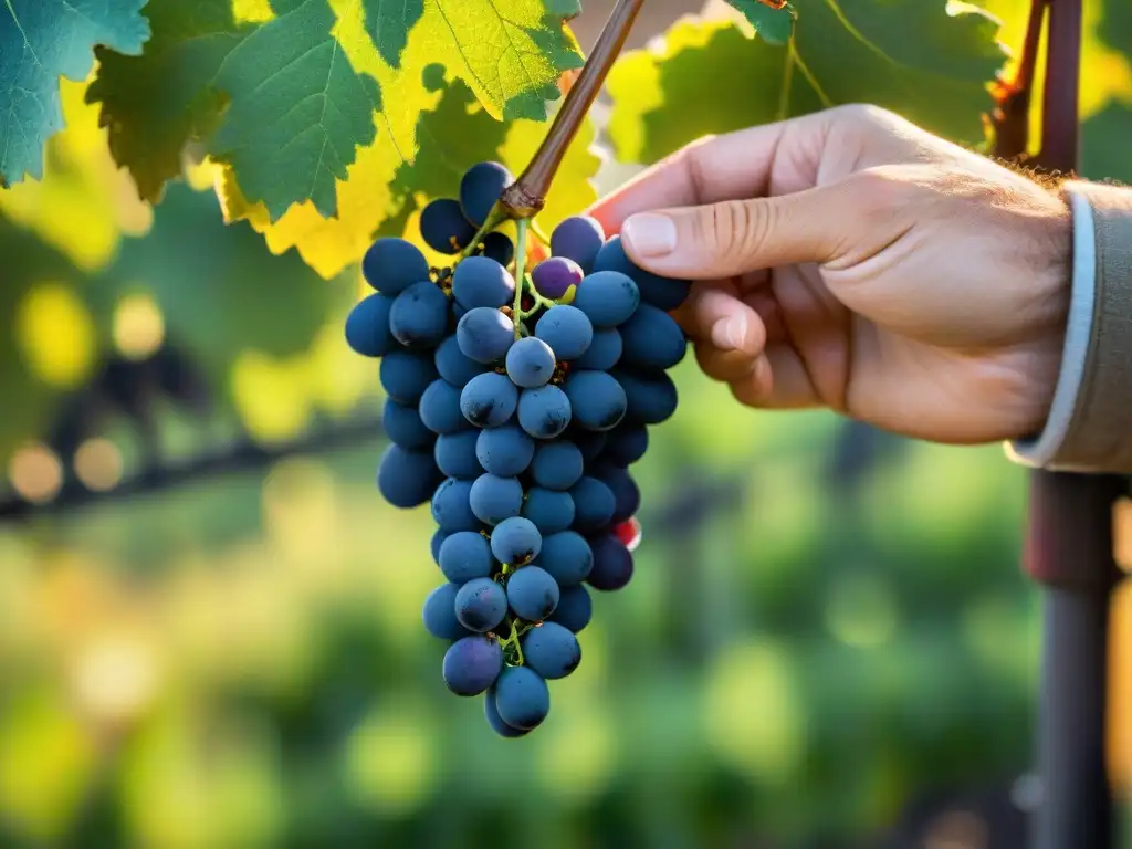 Un viticultor cosechando uvas francesas poco conocidas en un viñedo pintoresco, resaltando los tesoros de los vinos franceses poco conocidos