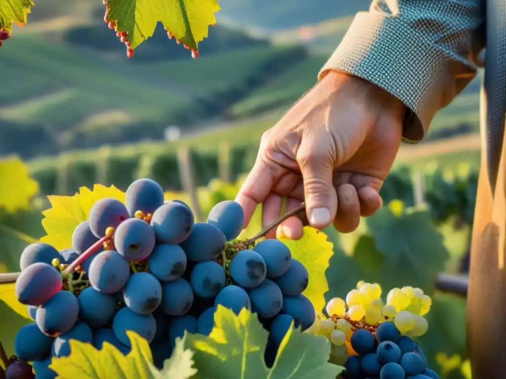 Un viticultor francés inspecciona uvas maduras en un viñedo soleado