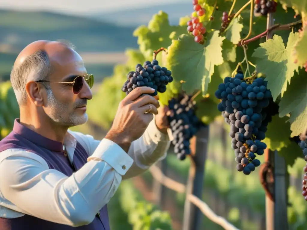 Un viticultor francés inspecciona uvas moradas en viñedo de Bordeaux