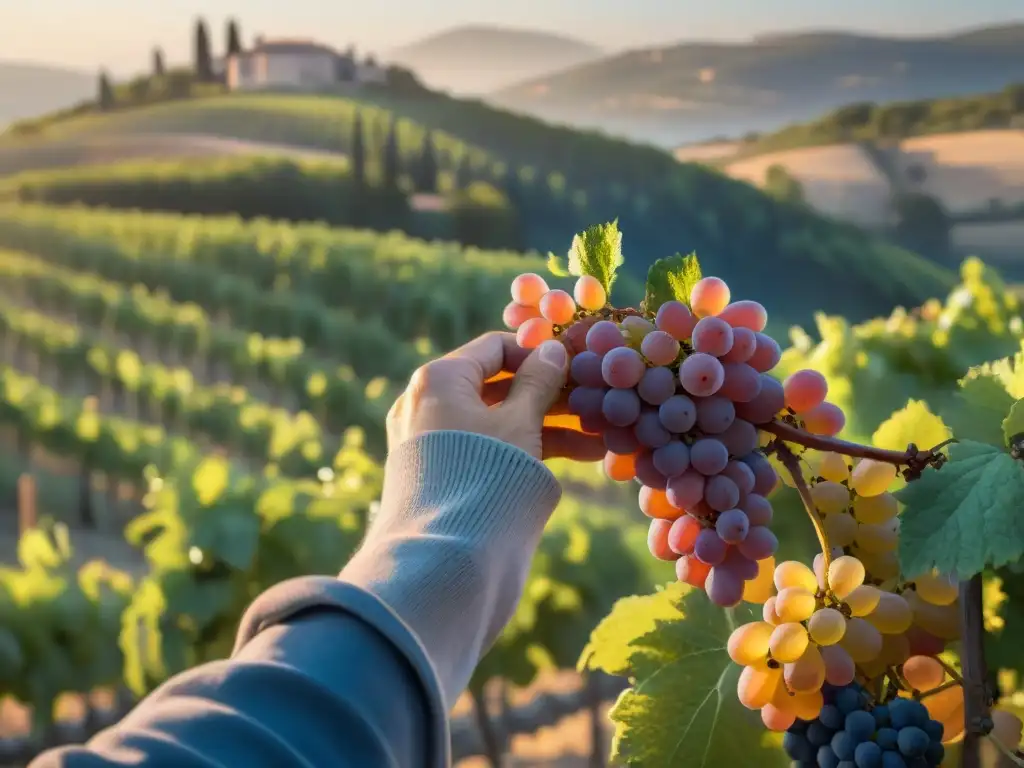 Un viticultor selecciona uvas rosadas en un viñedo en Provenza, Francia, bajo el sol matutino