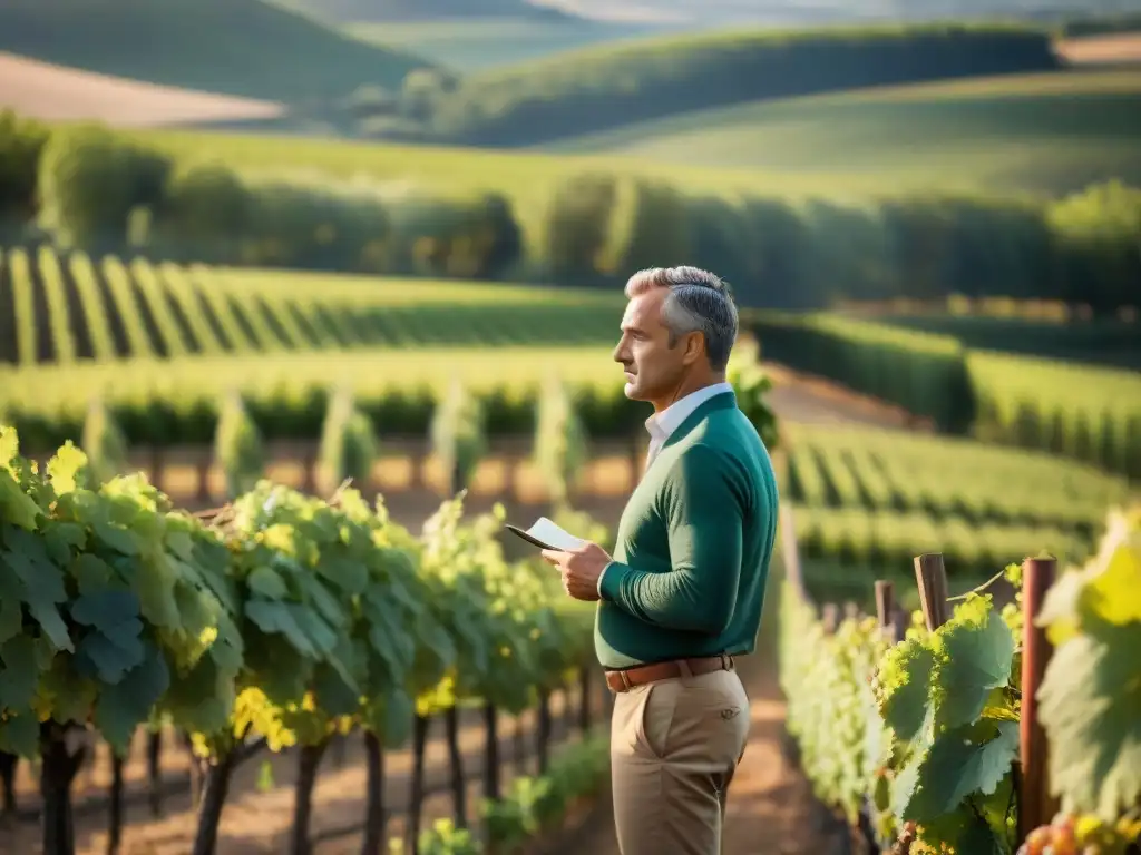 Viñedo soleado en Borgoña: arte enológico Un viticultor en Borgoña, Francia, inspecciona sus uvas en un viñedo al atardecer