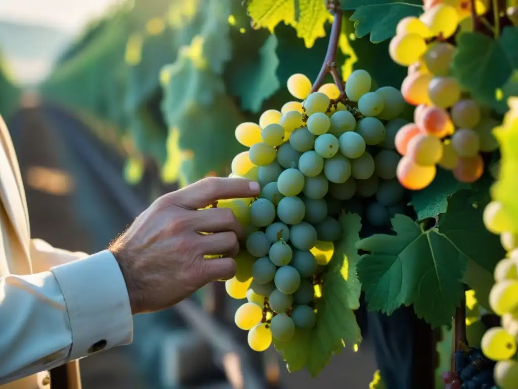 Un viticultor cosechando uvas en viñedos de Champagne, Francia, evocando la historia y evolución de la exclusiva bebida champagne