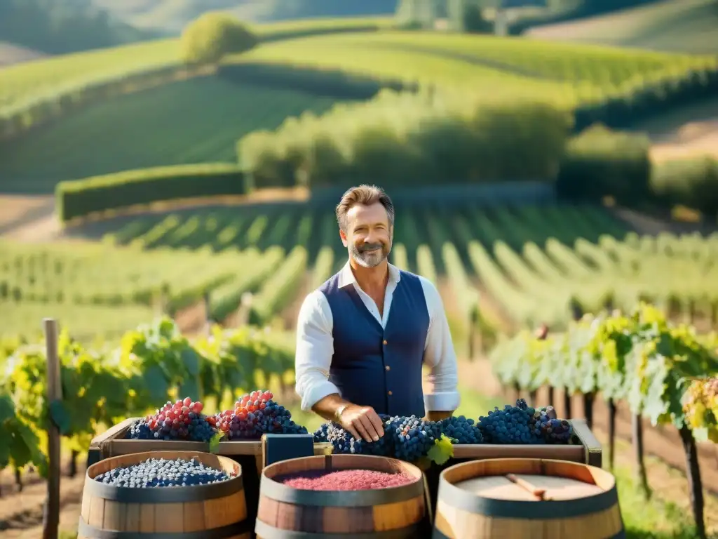 Un viticultor francés mezcla variedades de vinos tintos en un viñedo pintoresco