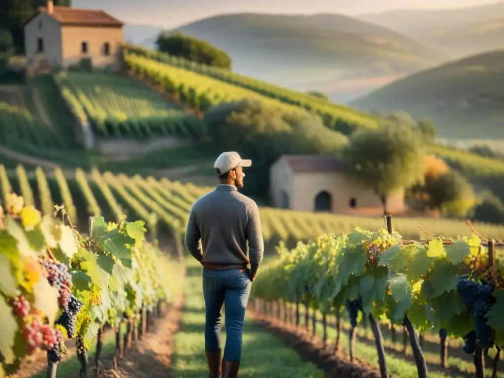 Un viticultor en un viñedo francés al atardecer, inspeccionando uvas, conectando con la naturaleza en vinificación sostenible en gastronomía francesa