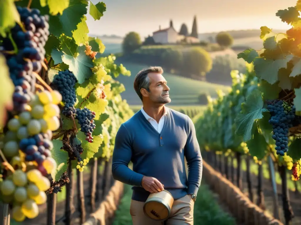 Un viticultor francés inspecciona viñedos al atardecer en Burdeos