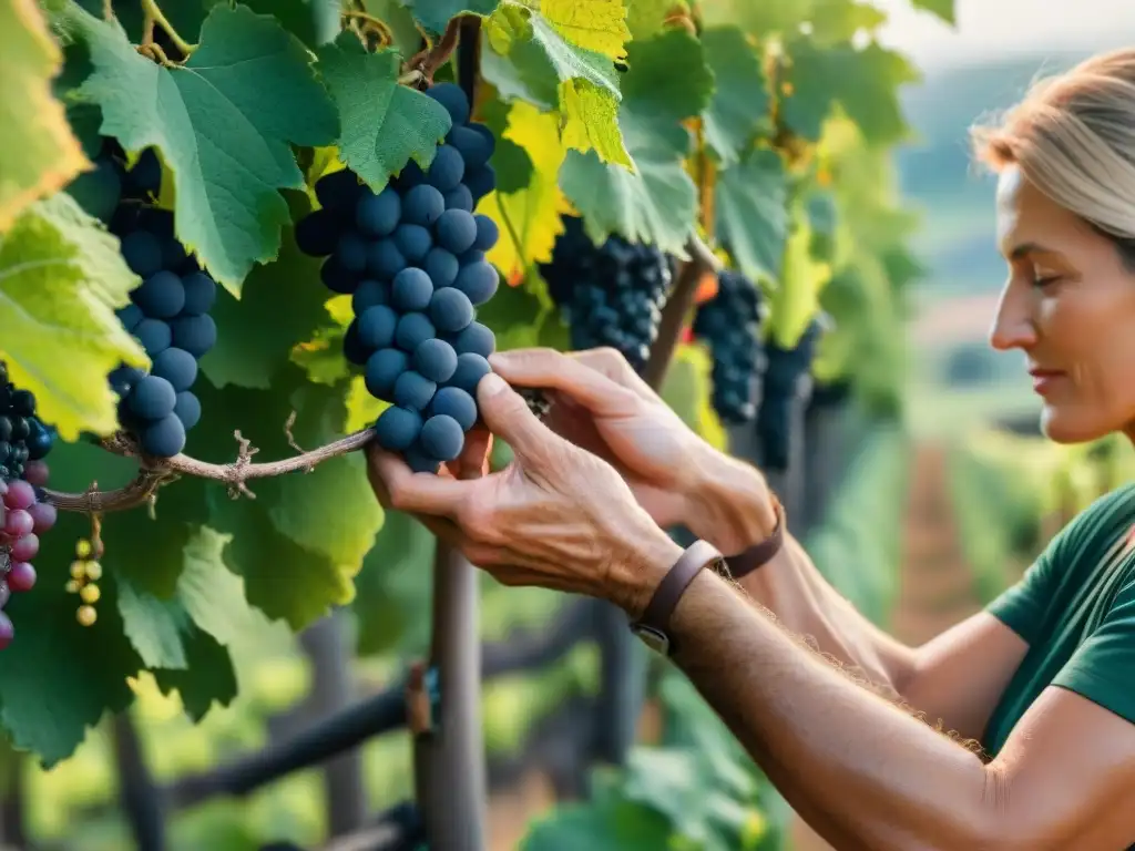 Un viticultor podando viñedos en un paisaje biodinámico francés, reflejando la esencia de la vinificación biodinámica en gastronomía francesa