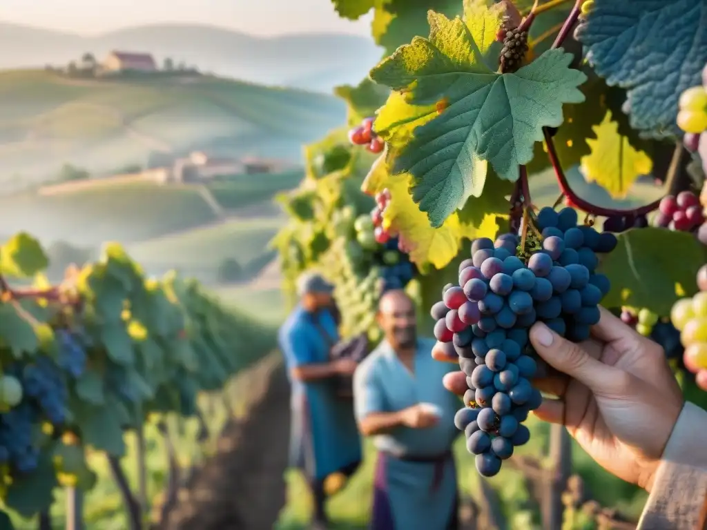 Viticultores alegres cosechando uvas Gamay moradas al amanecer en viñedos de Beaujolais, con neblina matutina