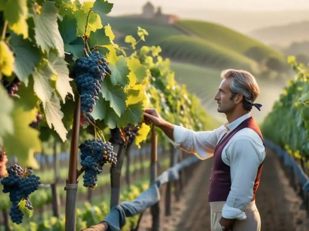 Viticultores biodinámicos en la gastronomía francesa inspeccionando viñedos al atardecer