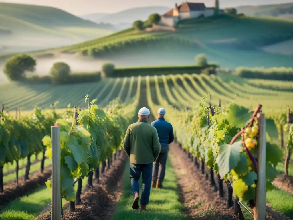 Viticultores biodinámicos en gastronomía francesa: trabajan con pasión en viñedo de Borgoña al amanecer