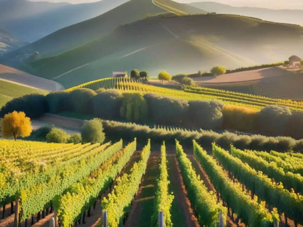 Viticultores biodinámicos en gastronomía francesa cosechando uvas al atardecer en viñedo biodiverso