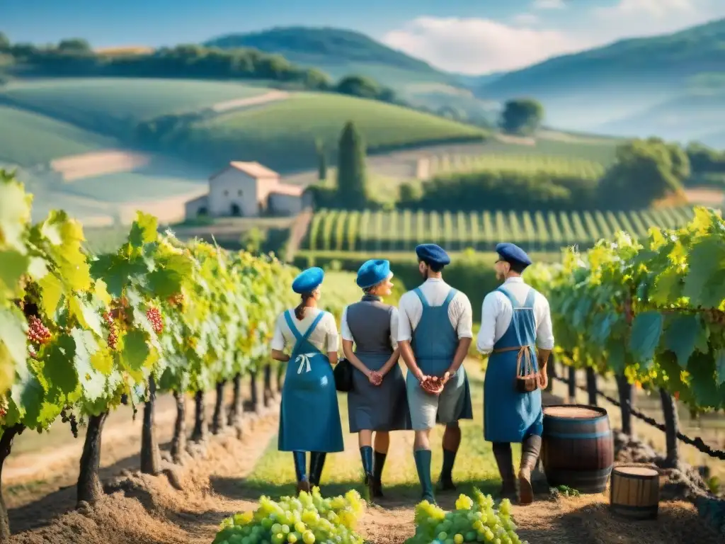 Viticultores franceses en viñedo pintoresco, practicando vinificación sostenible en gastronomía francesa