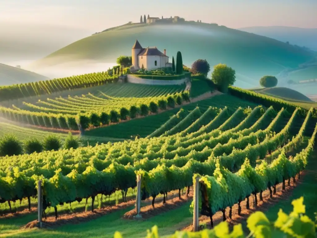 Viticultura francesa: viñedos dorados al amanecer con trabajadores y château en la niebla matinal