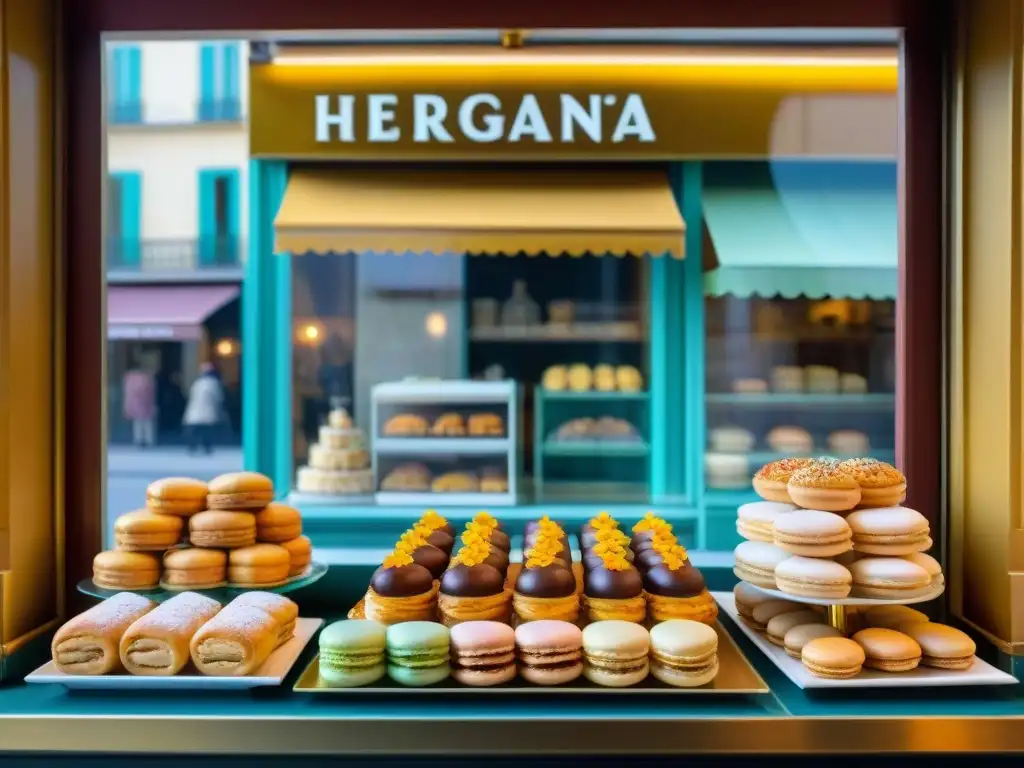 Vitrina de pastelería francesa con influencia árabe: baklavas, macarons, pasteles y tartas en una fusión de sabores y colores