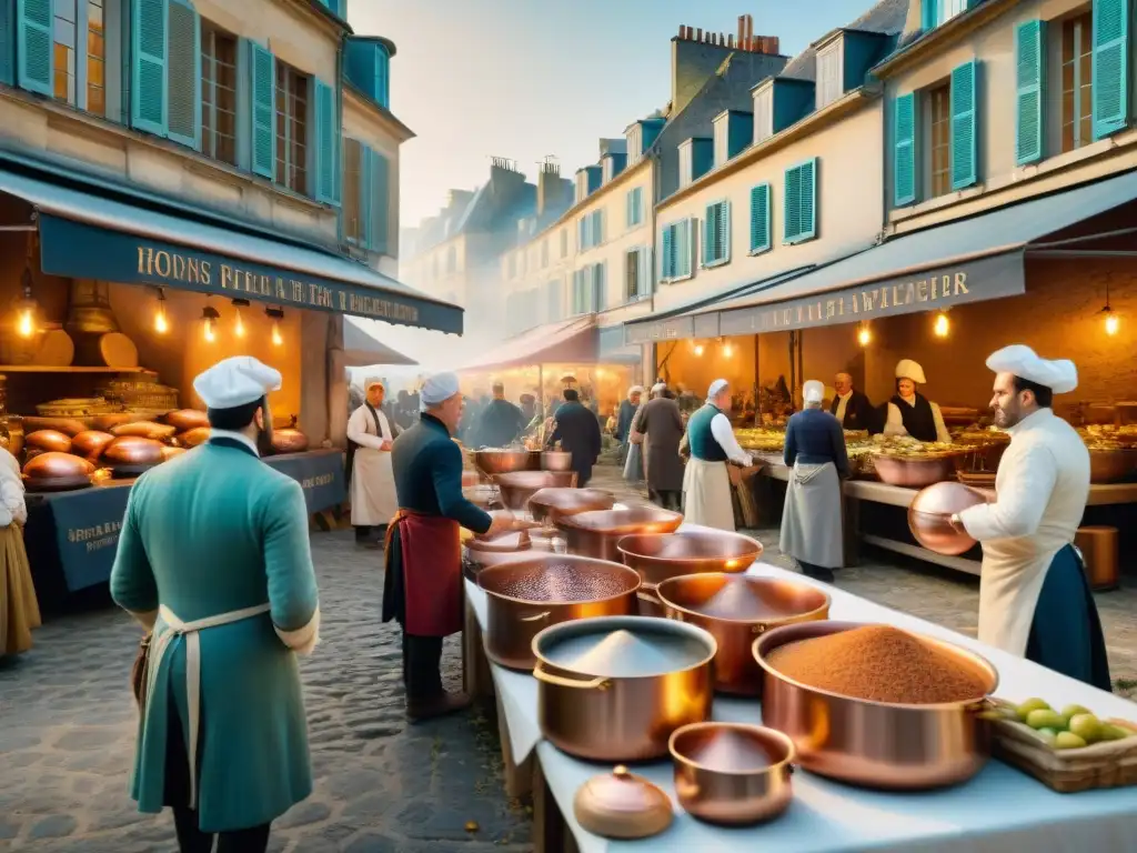 Vivaz mercado francés del siglo XVIII con utensilios de cocina innovadores de la Revolución Francesa técnicas culinarias