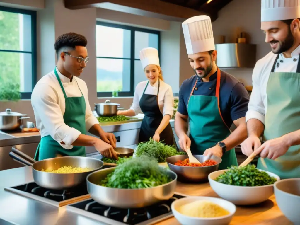 Vívida clase de cocina francesa para estudiantes internacionales en un ambiente educativo y acogedor