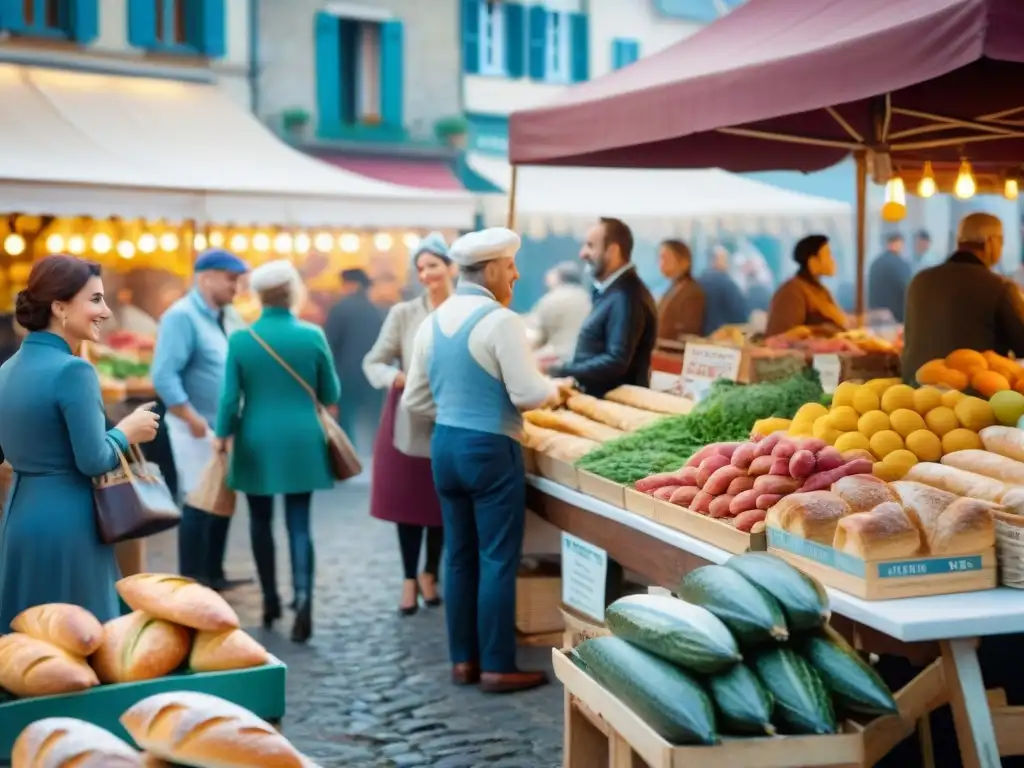 Vívida escena de mercado francés, con puestos coloridos y gente disfrutando de la gastronomía, evocando películas francesas gastronomía