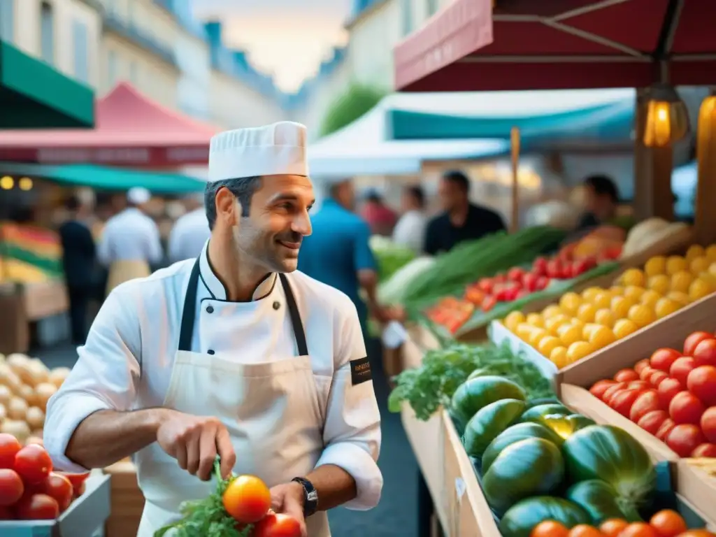 Mercado parisino: colores y sabores exquisitos Vívida escena de mercado parisino con productos frescos y chefs seleccionando ingredientes de calidad